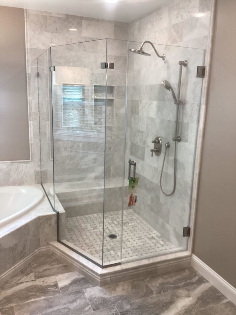 Photo of Swing Neo Angle Door Hinged on Wall with Brushed Nickel Hardware